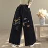 Women's  Retro Embroidered  Casual Denim Wide Leg Pants  Elastic Waist Lazy Sle Loose Slim Straight  Pant