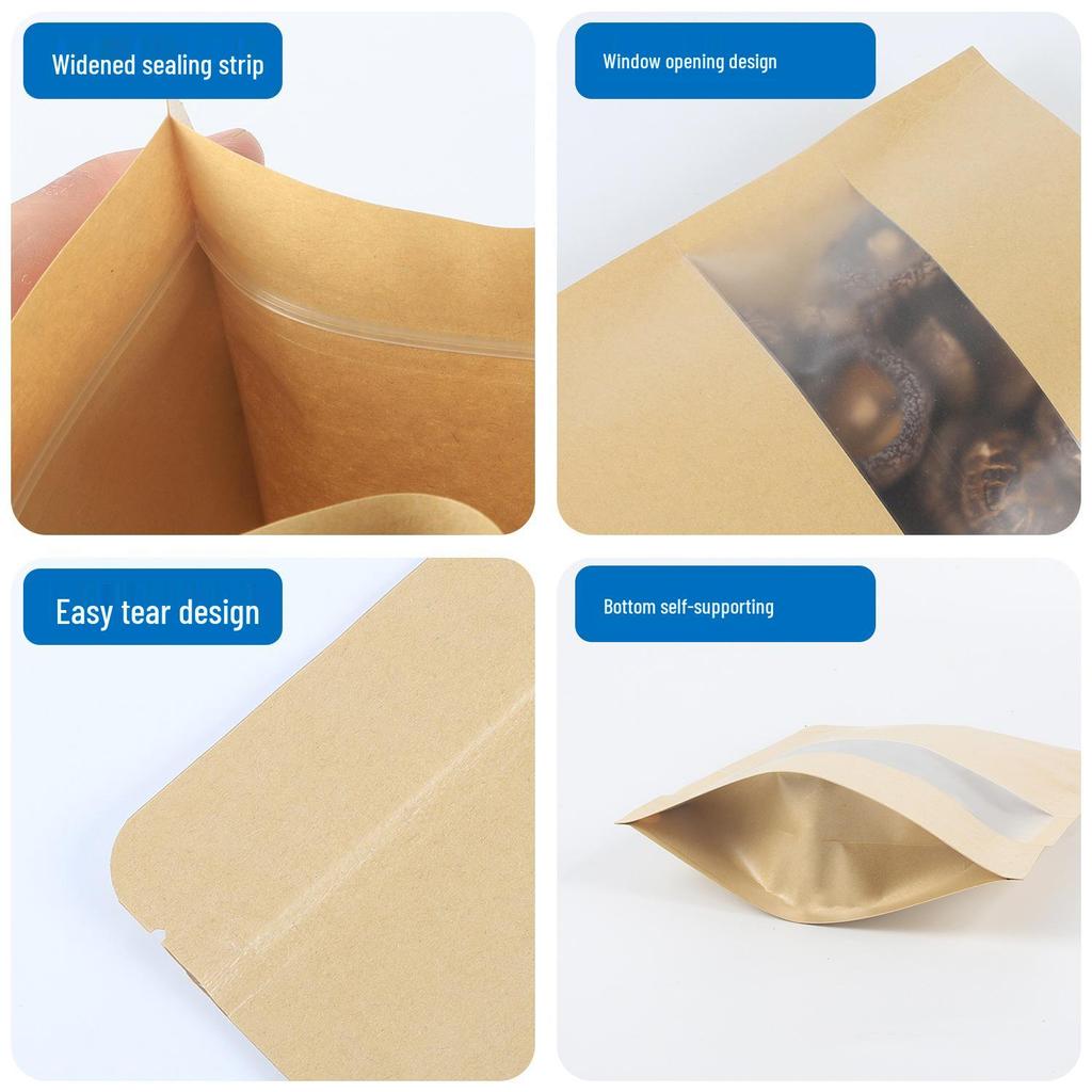Thick Kraft Paper Stand-Up Bag with Frosted Window for Tea & Dried Fruit