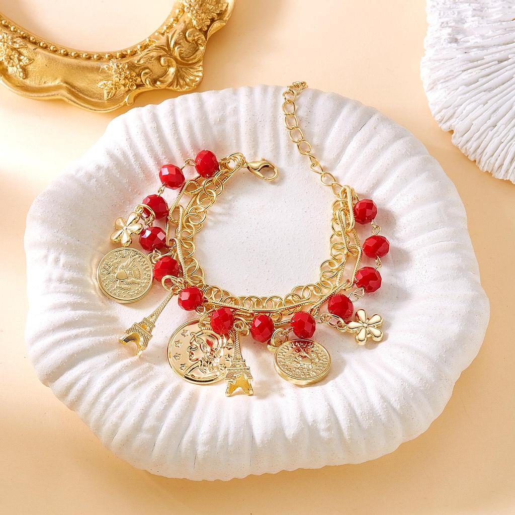 Retro Star Pearl Crystal Multi-Layer Bracelet with Heart & Round Ball Charms