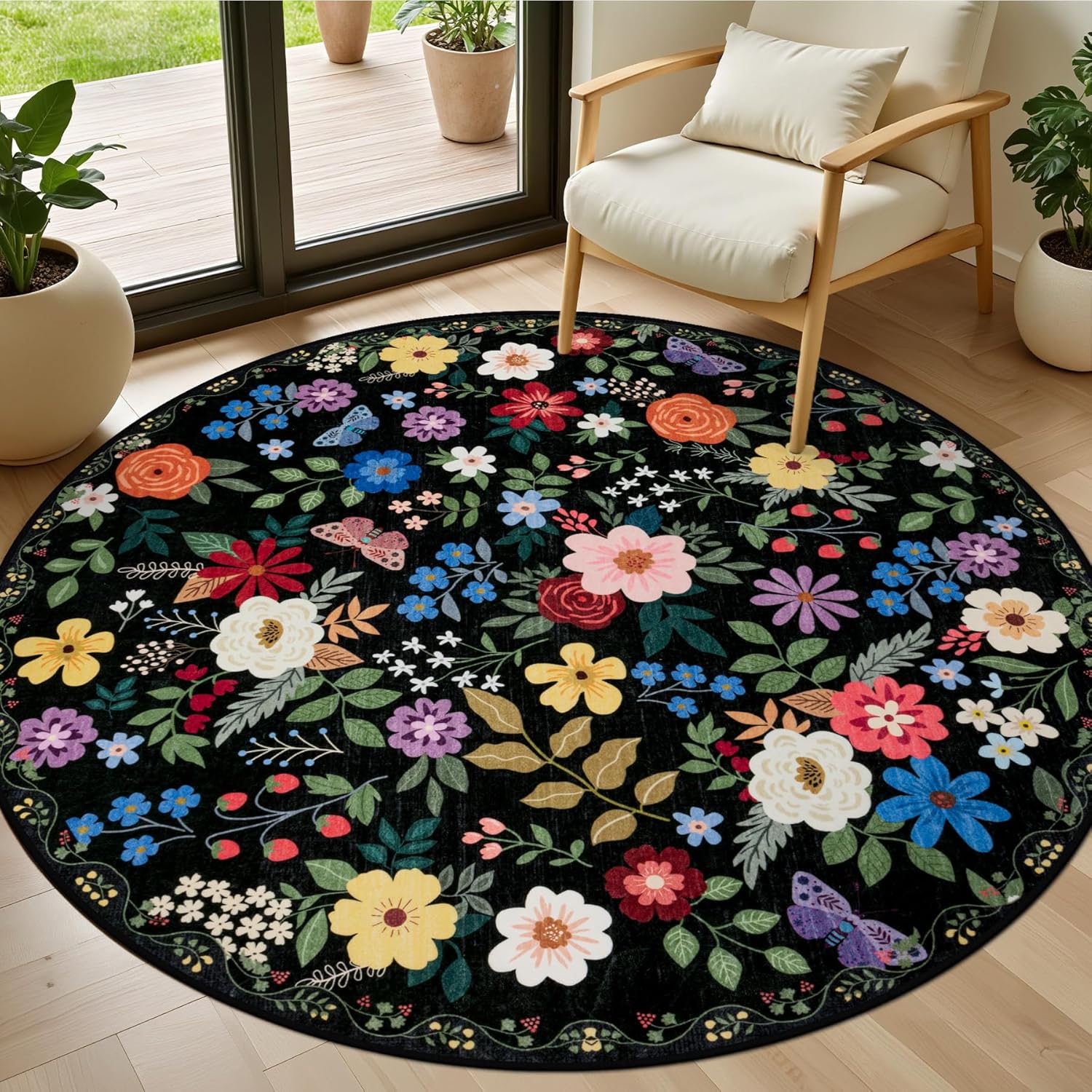 Black Multicolor Botanical Round Rug Lively Flowers Butterflies for Bold Statement 60cmx60cm