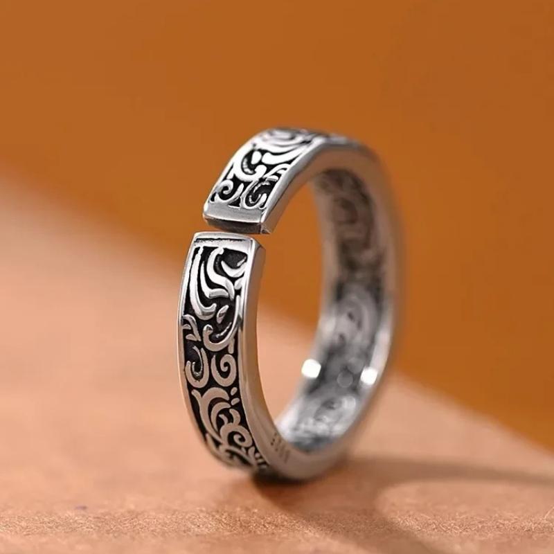New Silver Color Retro Old Tang Grass Pattern Rings for Women Classic French Boys' Index Finger Ring Gift Gothic Jewelry