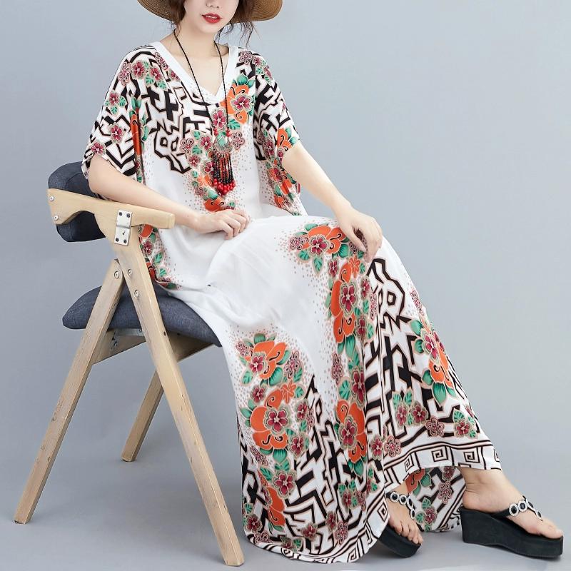 DIMANAF 2024 Plus Size Dress Women Summer V-Neck Sundress Bohemian Floral Print Loose Big Oversize Maxi Dress 214