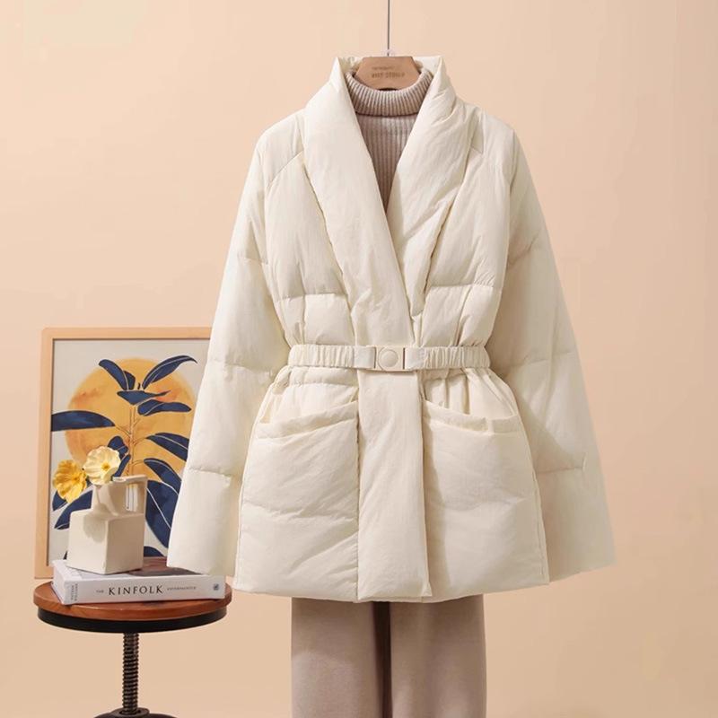 Herbst Winter Damen Weiße Entendaunenjacke Lässig Locker Gürtel V-Ausschnitt Kragen Oberbekleidung Koreanischer Stil Mantel
