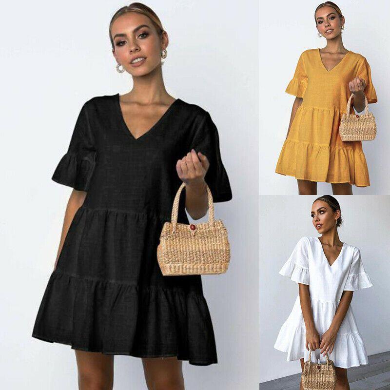 Elegant Women V-neck Plain Smock Dress With Loose Fit And Short Sleeve Design