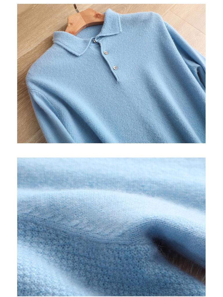 Men's Knitted Pure Wool Polo Shirt - Long-Sleeve Turn-Down Collar for Business Casual Wear