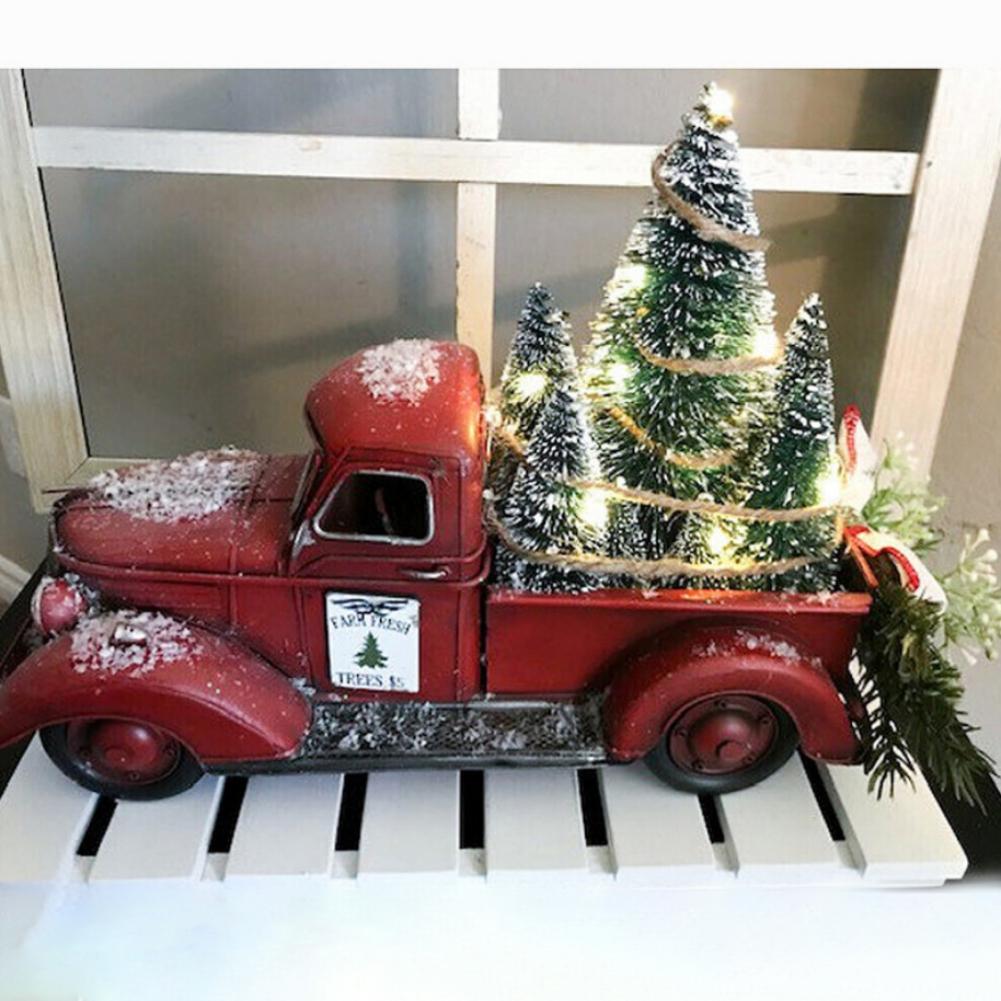 Christmas Retro Red Truck Ornaments Metal Car With Mini Green Tree And Box Xmas Table Decoration