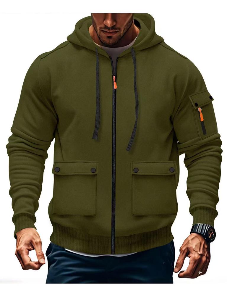 Men's Hooded Zipper Jacket - Autumn/Winter Casual Solid Color Plus Velvet Sweatshirt