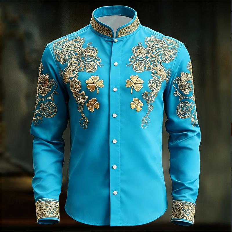 Camicia da Uomo Floreale a Maniche Lunghe con Stampa Trifoglio 3D Dorato Camicia a Maniche Lunghe alla Moda e Lussuosa