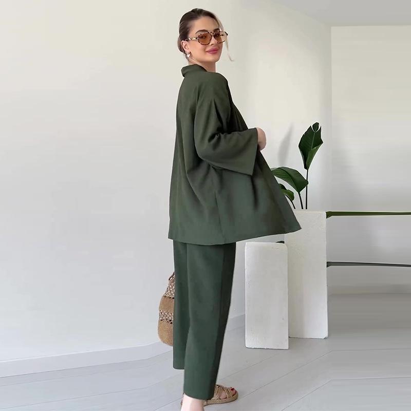 2024 Autumn Casual Solid Color Loose Top and Long Pants Set - European and American Lazy Style