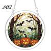 Decorative Glass Effect Pendant Halloween Acrylic Puzzle Window Suncatcher, Stained Style Hanging Ornament Retro Skeleton Pumpkin Crow with