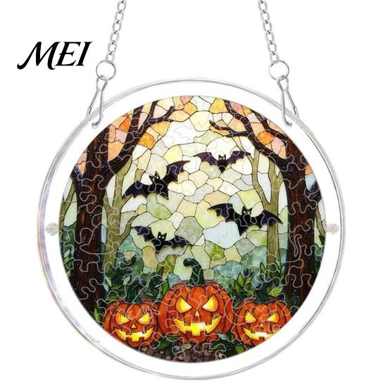 Decorative Glass Effect Pendant Halloween Acrylic Puzzle Window Suncatcher, Stained Style Hanging Ornament Retro Skeleton Pumpkin Crow with