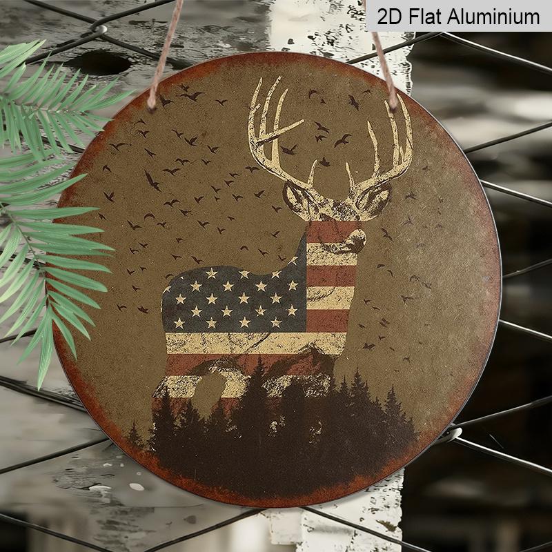 2D Flat, 1pc Round American Flag Deer Aluminum Hanging Sign, Vintage Patriotic Buck Hunting Design, Rustic Metal Wall Decor, Perfect for 4th of July
