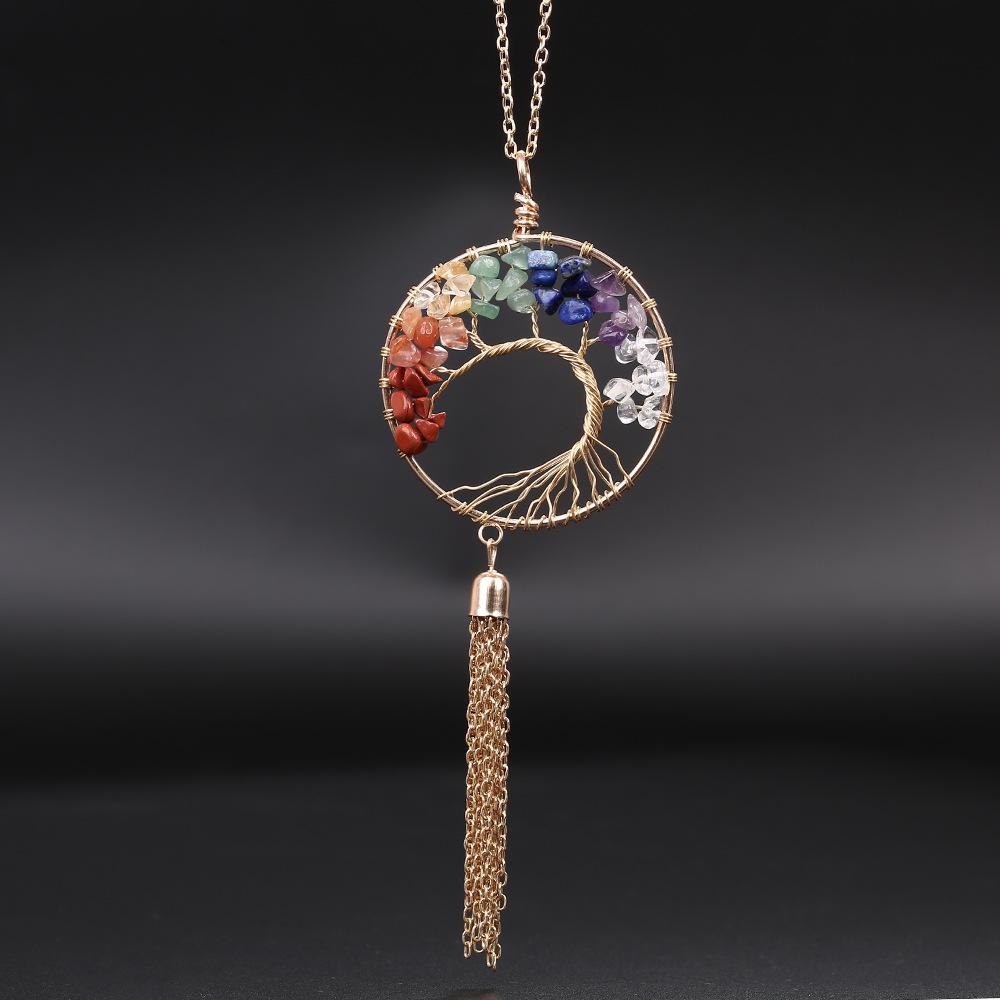 Natural Crystal Tree of Life Car Pendant with Tassel - Crushed Stone Interior Decoration