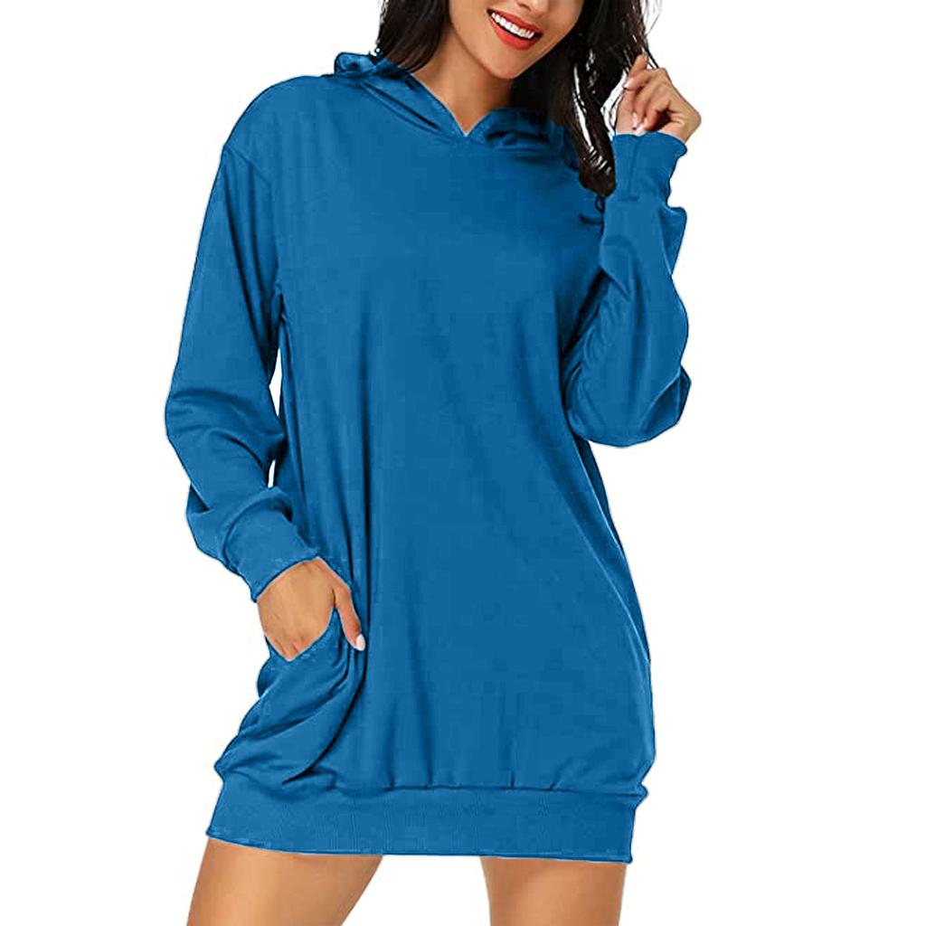 Women's Long-sleeved Pocket Pullover Hoodie Dress Waist Sweatshirt Solid Tops