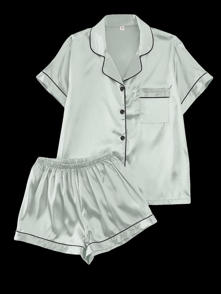 European Summer Ice Silk Pajama Set: Casual, Solid Color, Short Sleeve & Shorts, Breathable Comfort.