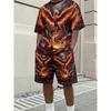 Men's Summer Black Fire Phoenix Print Set: Short Sleeve Tee & Matching Shorts. Loose Fit Big Size Streetwear for Daily Wear
