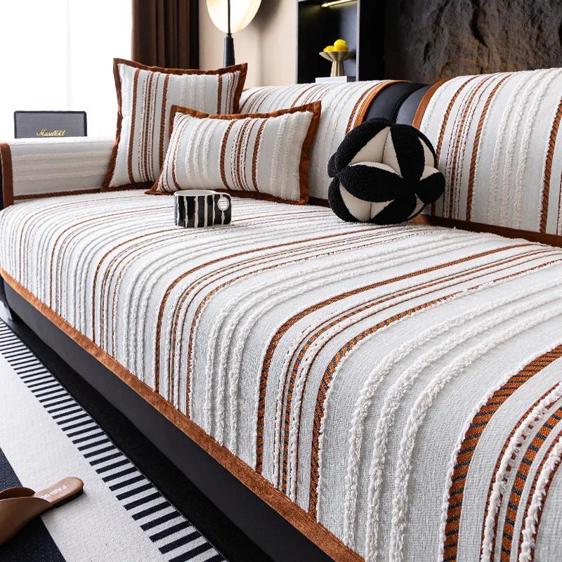 Chenille Sofa Cover Color Striped Couch Mat Thickened Sofa Covers for Living Room Universal for Seasons High-grade Couch Cushion