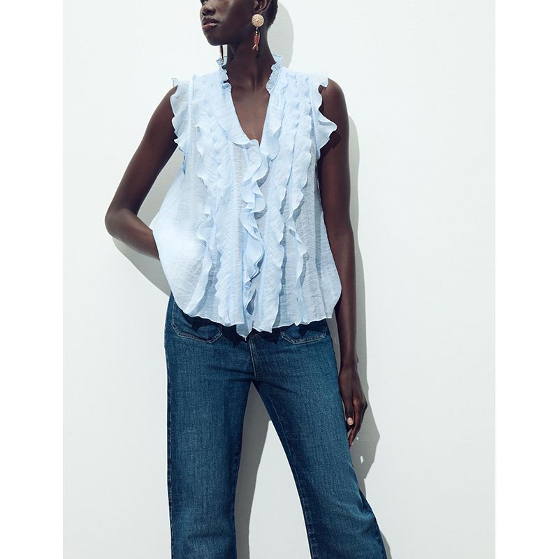 Summer New Women Clothes French Style Design Round Neck Laminated Decorative Drape Sleeveless V-neck Top 5029108
