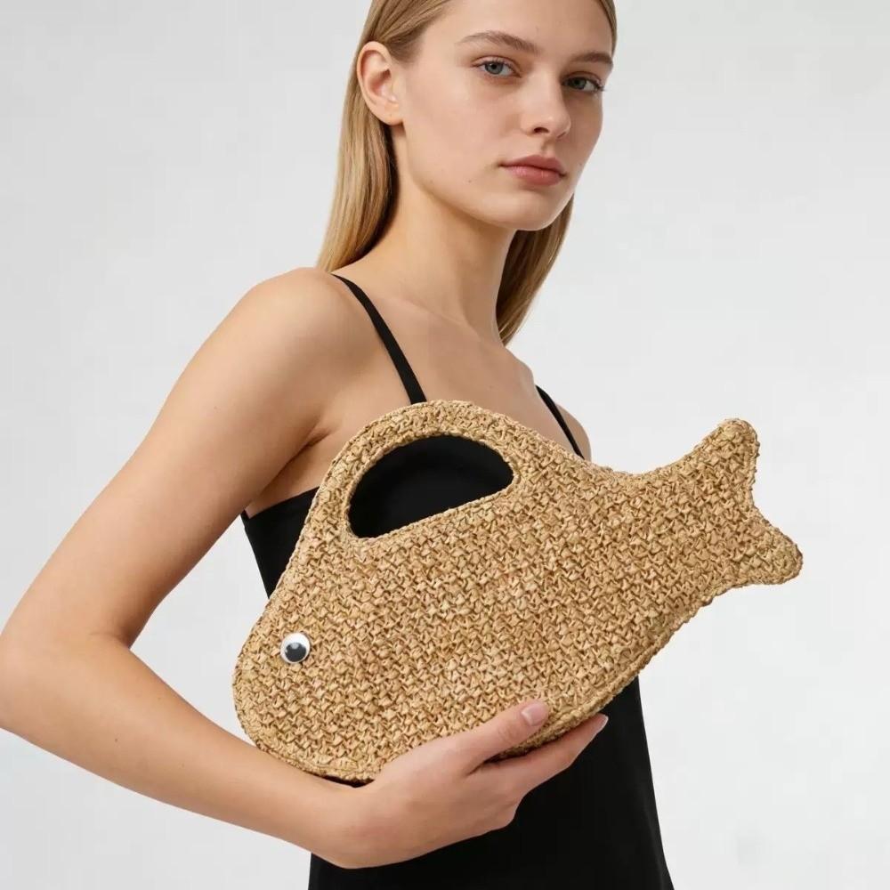 Large Capacity Woven Bag Knit Shopping Bag Casual Fish Shaped Handbag  Picnic