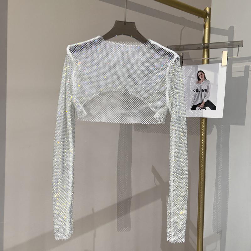 Sparkling Mesh Diamond Sun Protection Long Sleeve Party Top