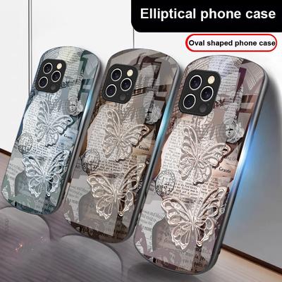 Vintage Butterfly For IPhone 16 Pro Max 15 Pro 14 13 12 Mini 11 XS Max XR 7 8 Plu SE 2022 Elliptical Glass Phone Case