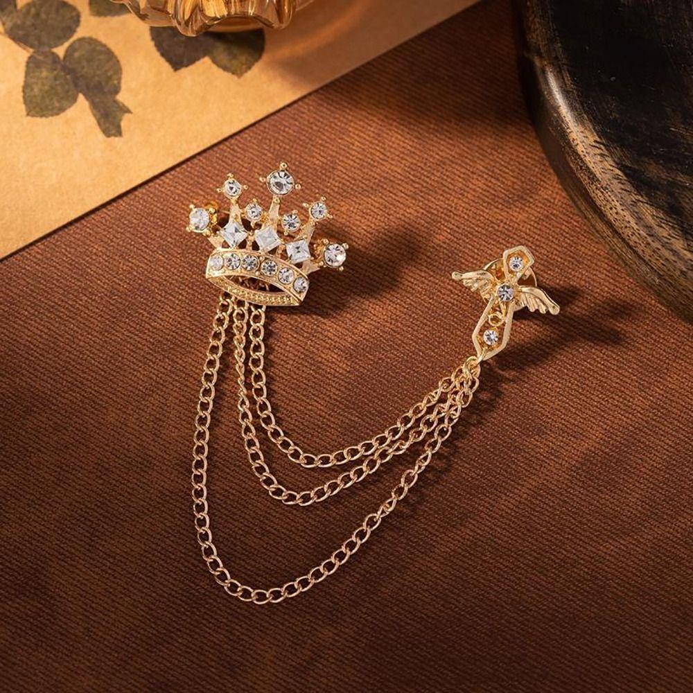 1Pcs Temperament Chain Brooch Crown Rhinestone Lapel  For Women Dress Mens Shirt Suit Set