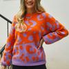 Damen Pullover Leopardendruck Colorblock Rundhalsausschnitt Langarm Locker gestrickter Pullover