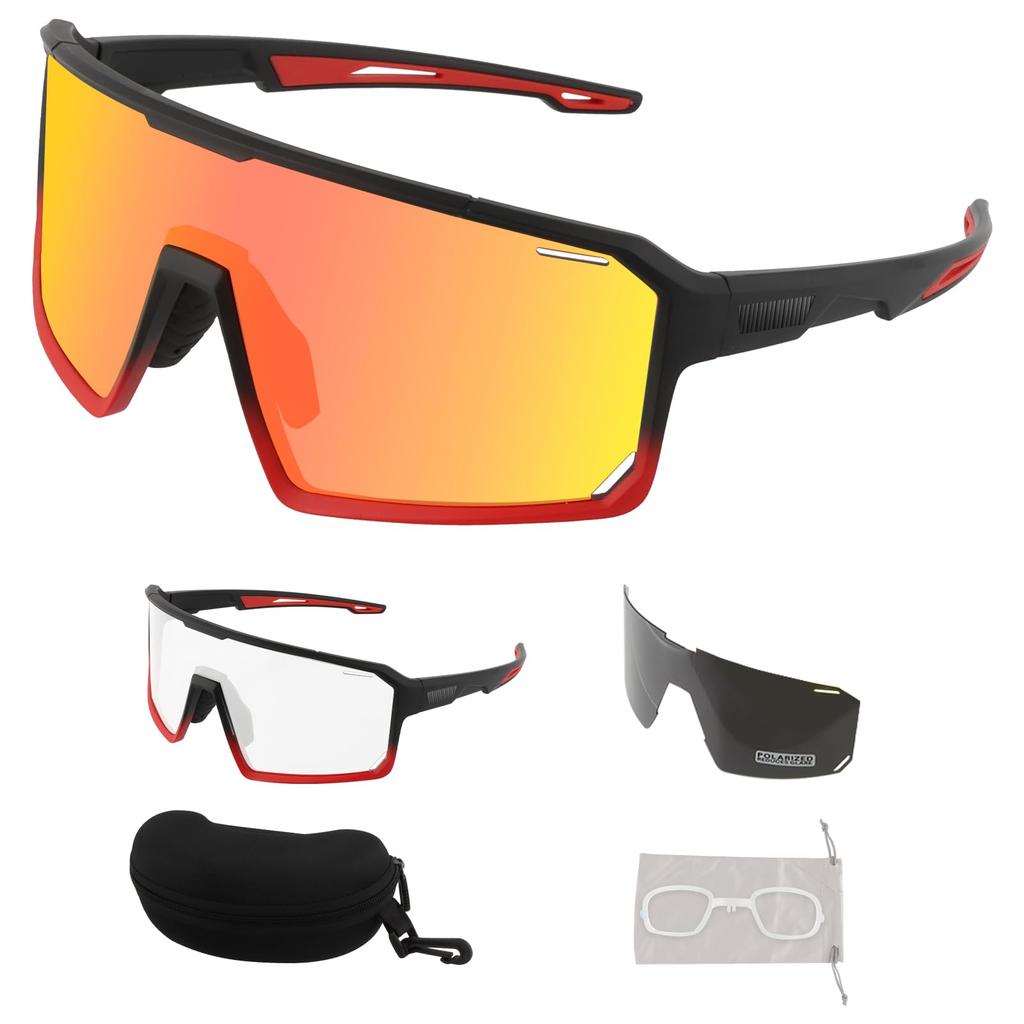 FOCUHUNTER Polarized Sports Sunglasses with 2 Interchangeable Lenses and Orange Black Red Full Cycling Glasses for Men and Includes Inner Frame for