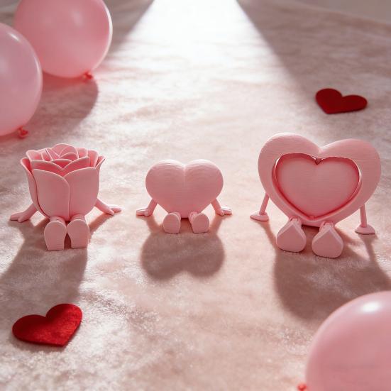 3 Pcs 3D Printed Valentine's Day Decoration Articulated Pink Heart Rose Figurine with Flexible Legs for Office Home Shelf Decor Lovers