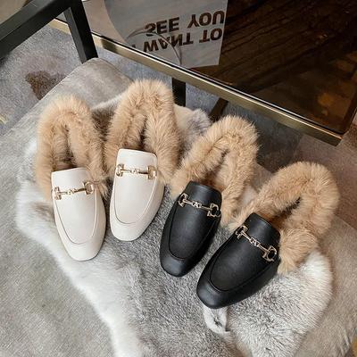 Autumn Winter Loafers Women Rabbit Fur Booties Slip-on Ankle Boots Flat Botas De Mujer Plush Warm Boot British Leather Shoes