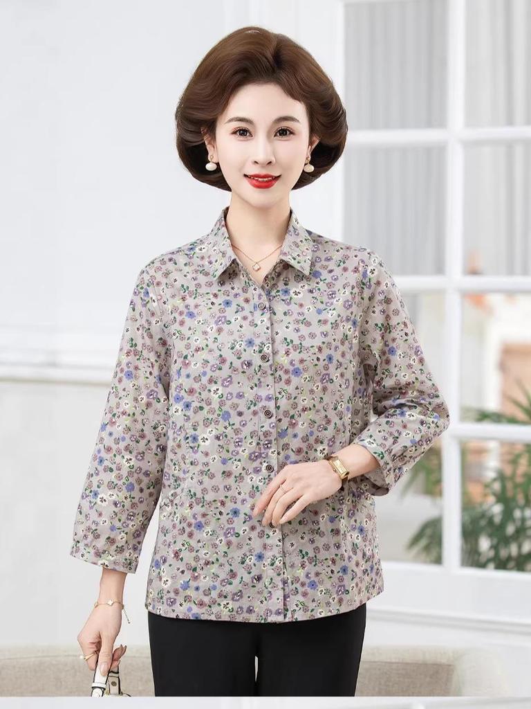 2026 Pure Cotton Loose Mid-Sleeve Shirt for Middle-Aged & Elderly Women