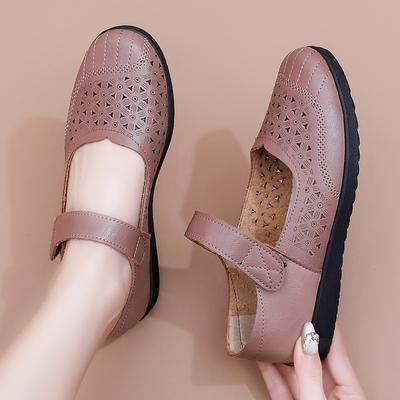 Middle-aged and Elderly Women's Spring and Summer Velcro Shoes Mom's Comfortable Breathable Hollow Out Shoes Granny's Non-slip Soft Sole Flat Shoes
