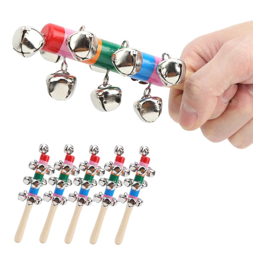 5pcs Handle Wooden Bells Colorful Percussion Instrument Infant Baby Rattle Toys with 10pcs Small