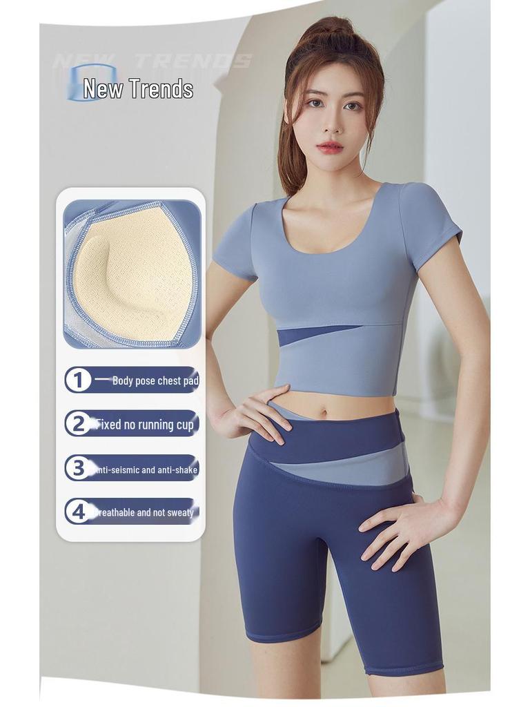 Nude Feel Women's Colorblock Yoga Set - Short Sleeve Crop Top & Hip Lifting Running Shorts for Spring/Summer Fitness