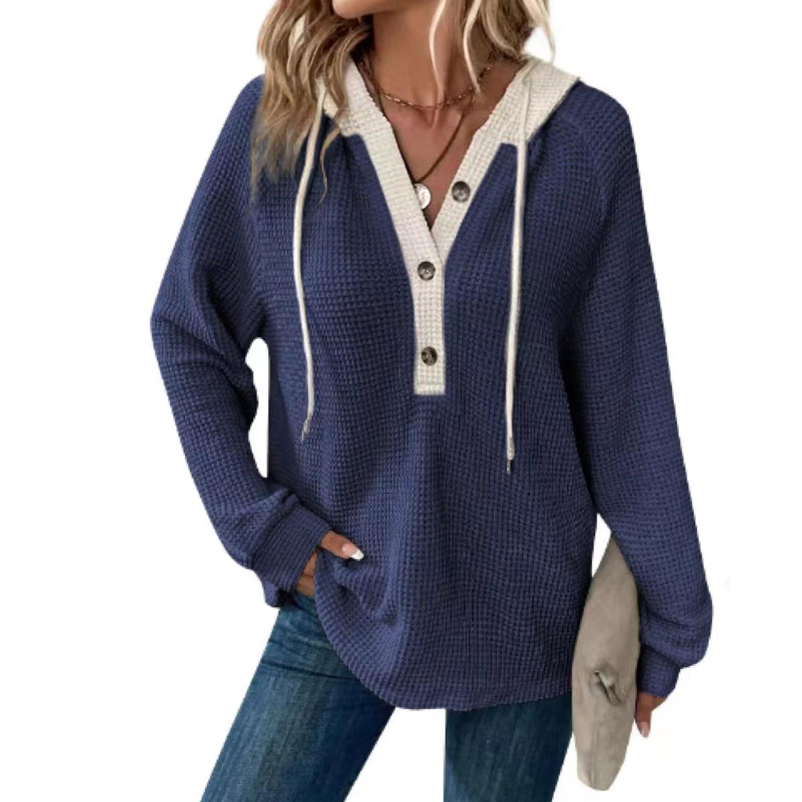 

Женская модная повседневная толстовка с длинным рукавом и завязками на шнурке с капюшоном и V-образным вырезом XL тёмно-синий