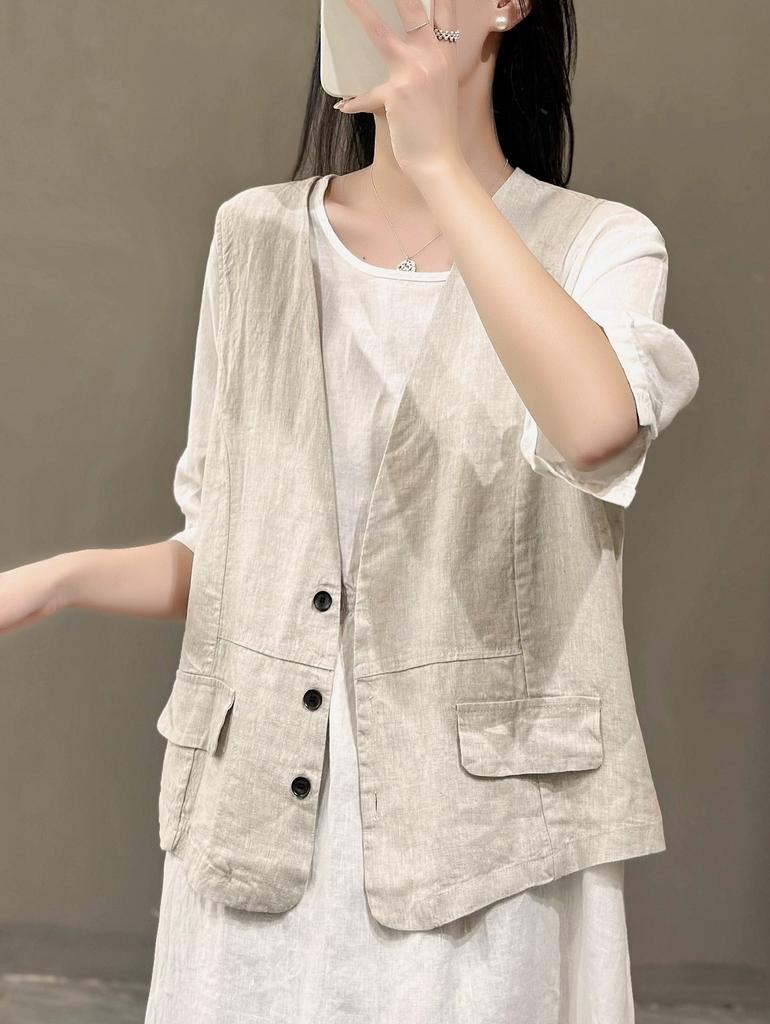 Women Linen Vest Summer Solid Color Sleeveless Waistcoat Single‑Breasted Button Casual Commuter Open Top