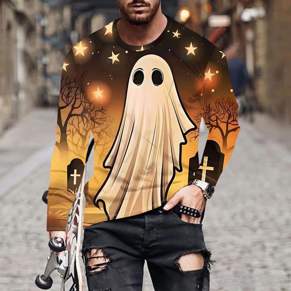 Ghost New Printed Men's Long Sleeved Round Neck T-shirt Autumn Winter Loose Comfortable Fashionable T-shirt
