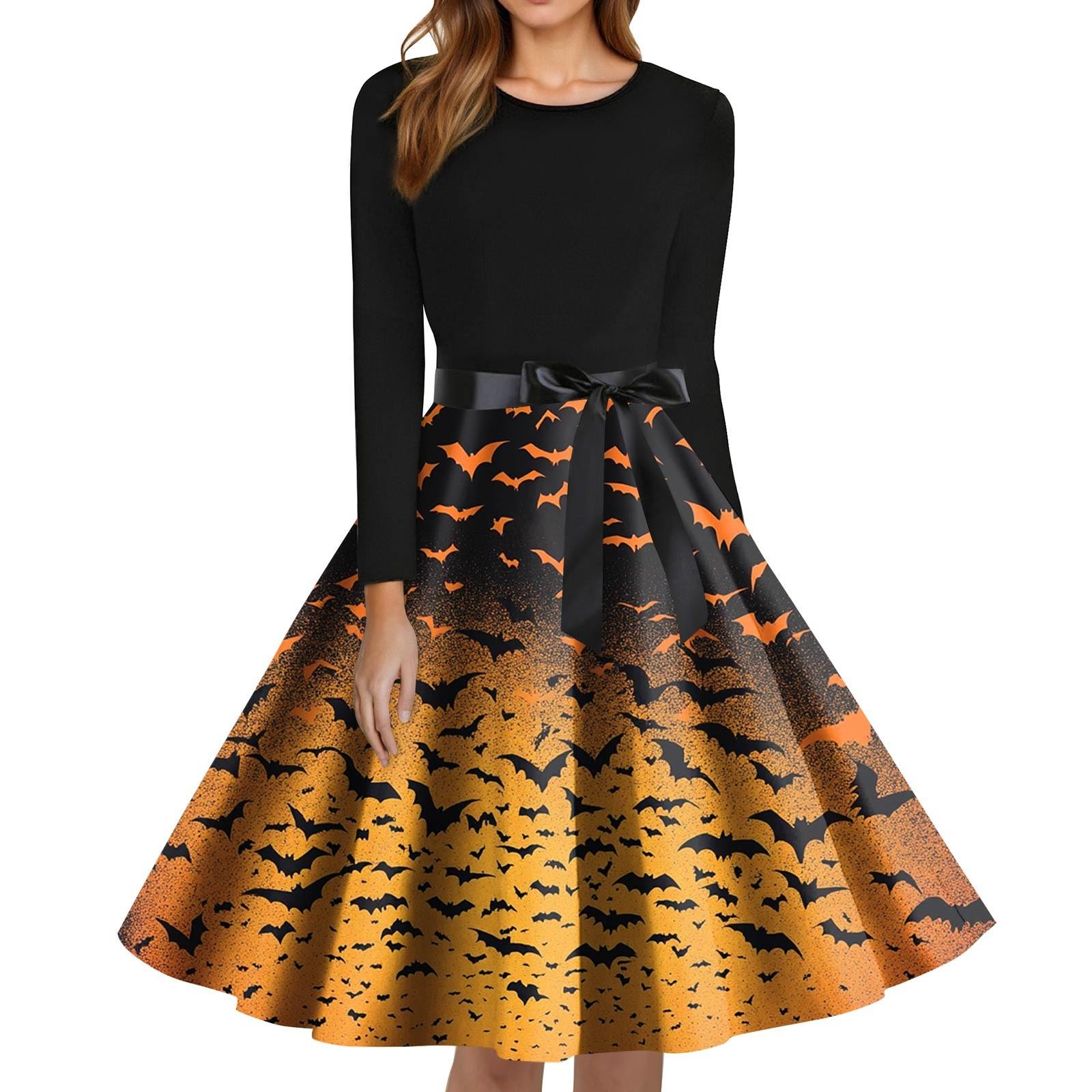 

Women s Fashion O-Neck Casual Slim Fit Halloween Printed Long Sleeve Dress XL жовтий