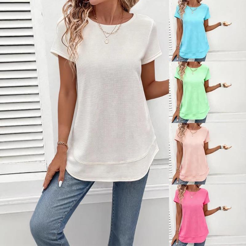 Spring Summer Textured Round Neck T-Shirt Short Sleeve Double Layer Hem Casual Top