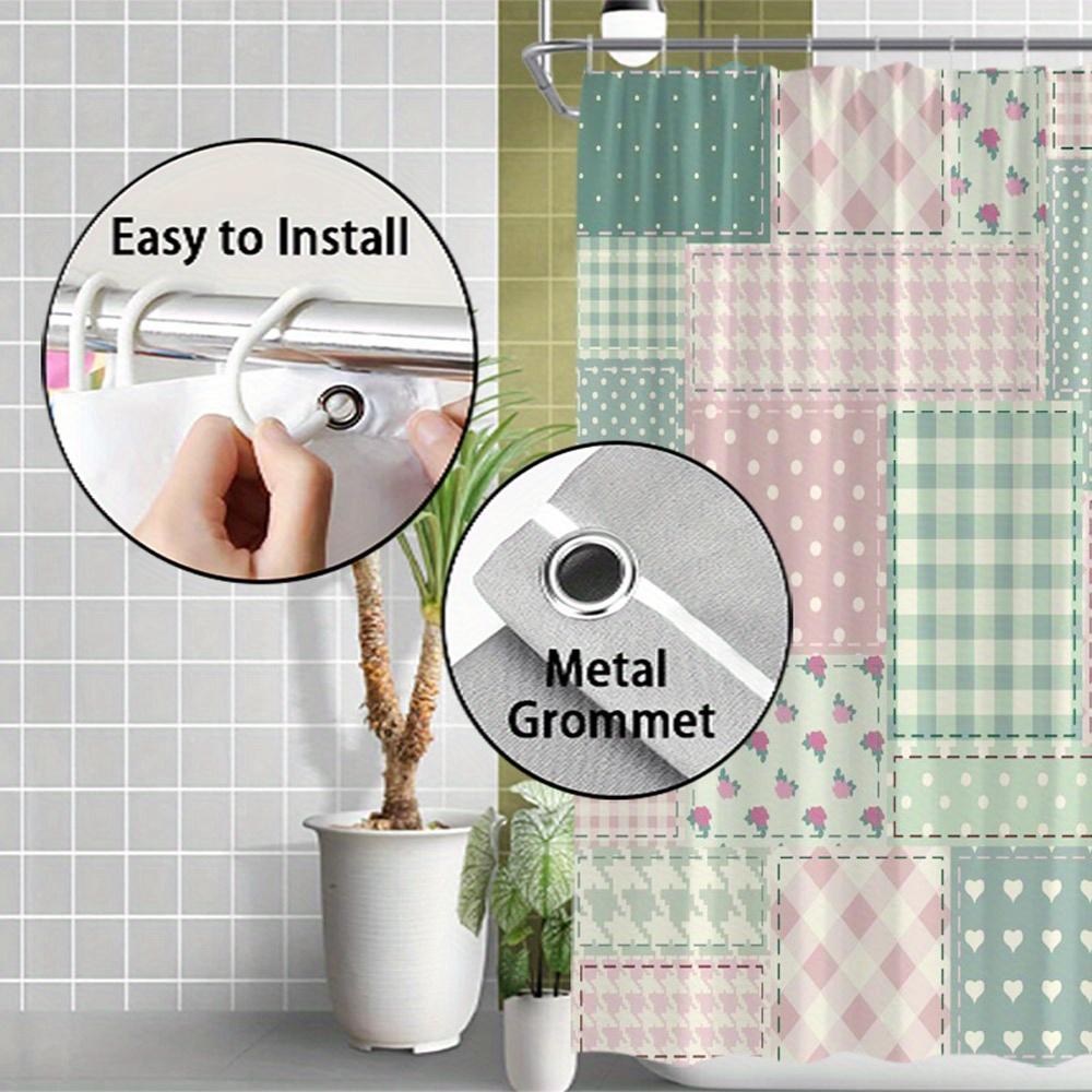 Vintage Patchwork Quilt Shower Curtain Pastel Floral Checkered Polka Dot Soft Green Background With 12 Hooks
