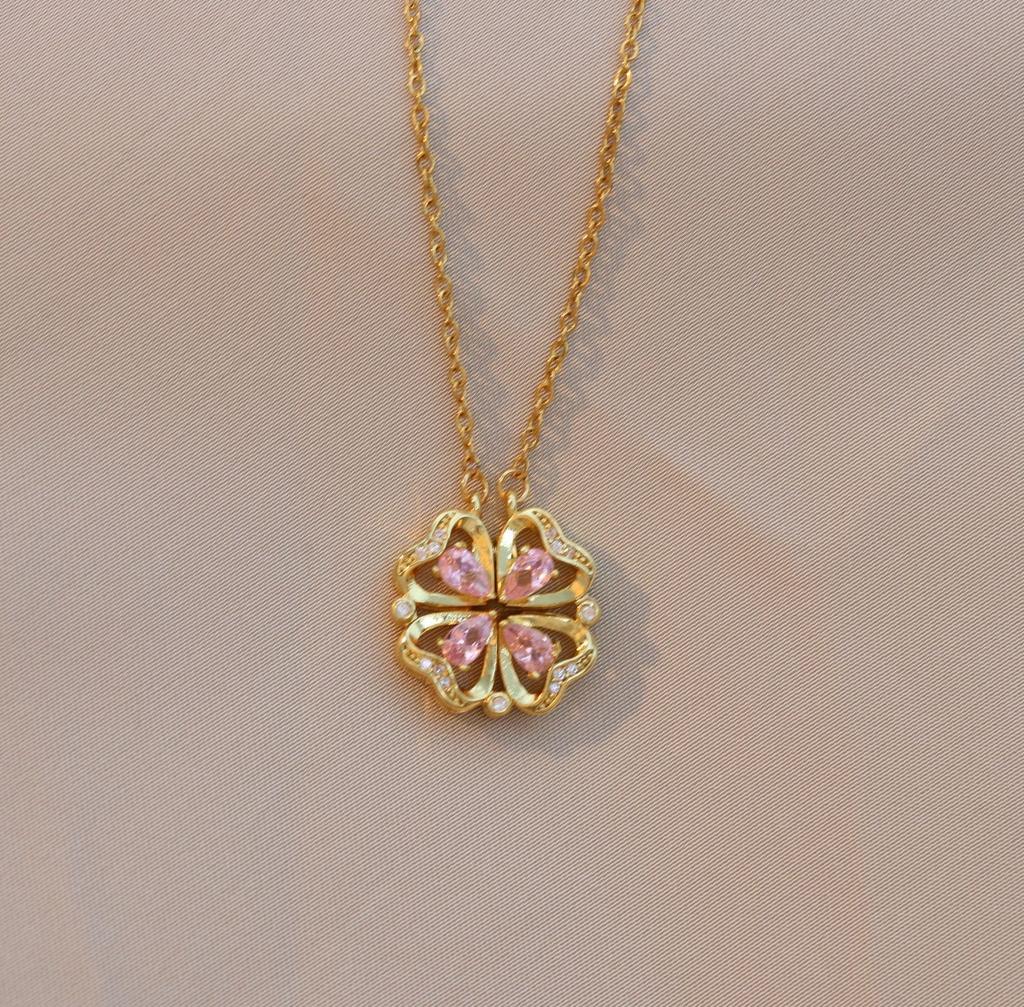 Women's Japanese Korean Folding Fashion Two-Wearing Four-Leaf Flower Heart-to-Heart Clavicle Necklace Zircon Copper Water-Wave