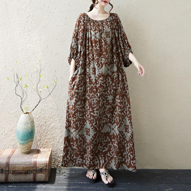 Krátký rukáv Plus size Bavlna vintage puntíkovaný květinový nový v šatech pro ženy ležérní volné maxi dlouhé letní šaty
