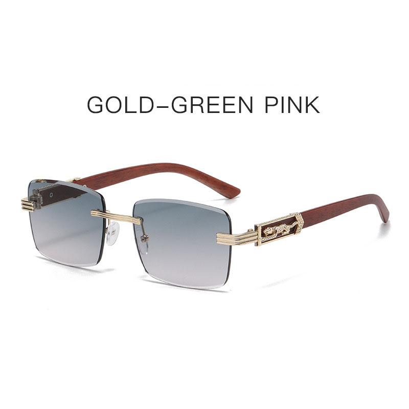 Square-shaped Leopard Head Metal Sun Glasses Wood Grain Legs cheetah Decorative Sun Glasses Colorful Retro Frameless