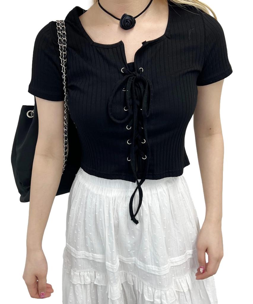 WEGO PHILLY Short Sleeve Compact Size Black T-Shirt, Lace-Up Top, Girly, Casual, Spring/Summer Clothes, Women's, F,