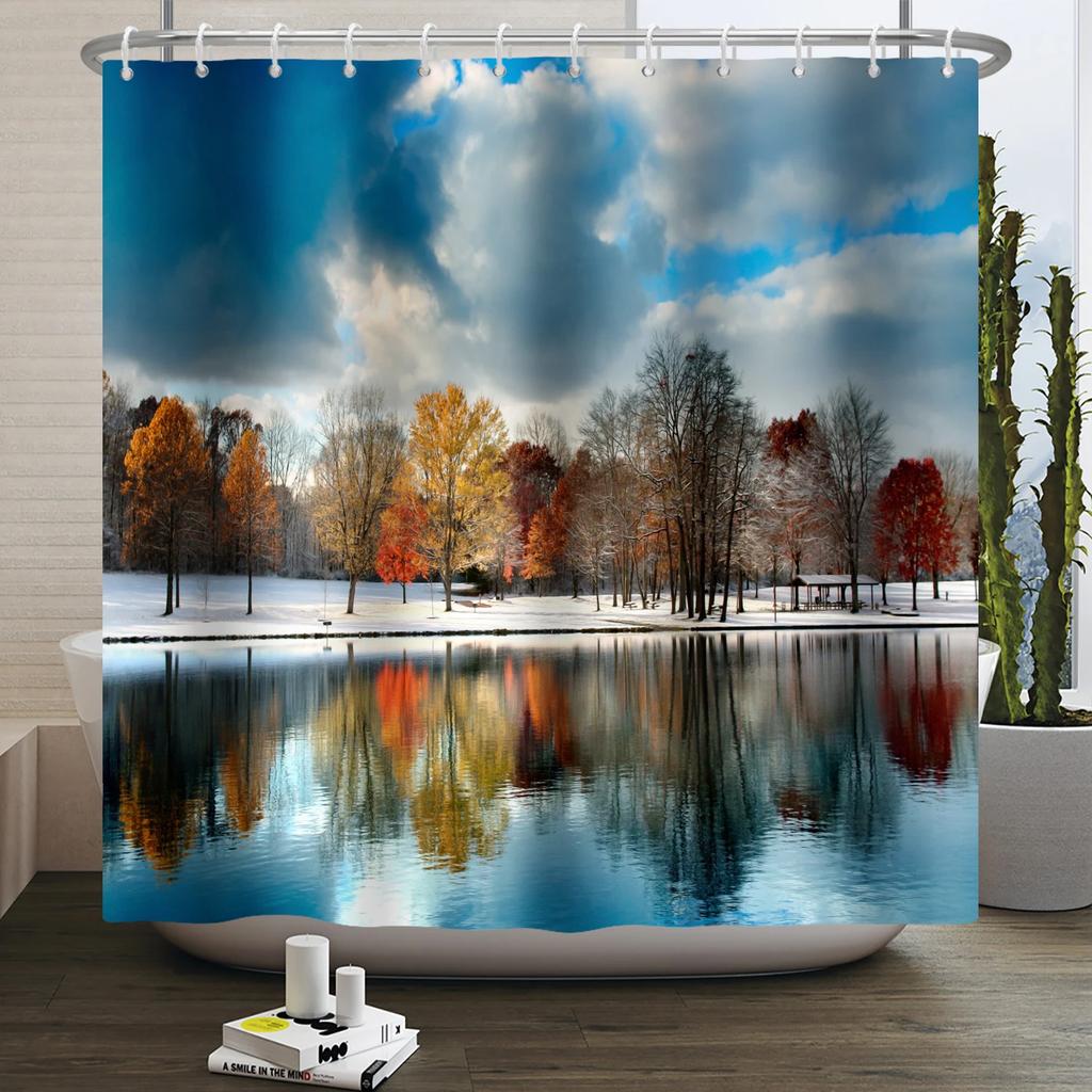 Christmas Shower Curtain Xmas Tree Winter Forest Snow Cute Snowman Bathroom Shower Curtain Waterproof Bath Curtain With Hook