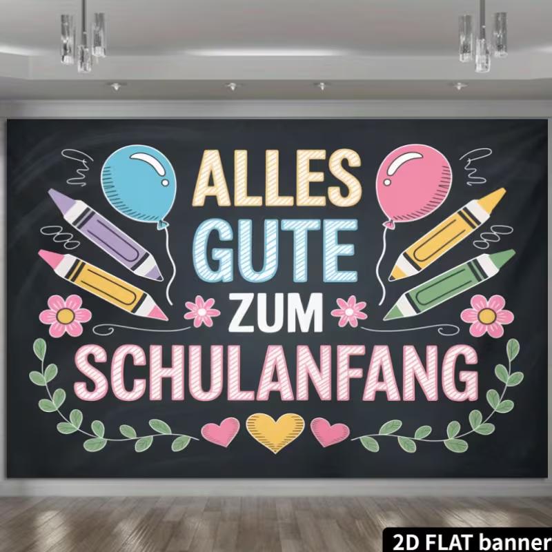 2D Alles Gute zum Schulanfang Backdrop, Chalkboard Style First Day of School Photography Background