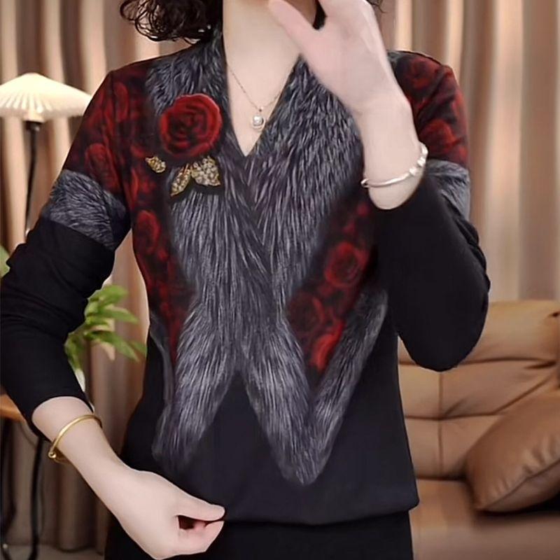 Women Clothing Autumn Winter Stylish Vintage 3D Flower Printed Thick Basic T-shirt Elegant V Neck Long Sleeve Slim Pullover Tops