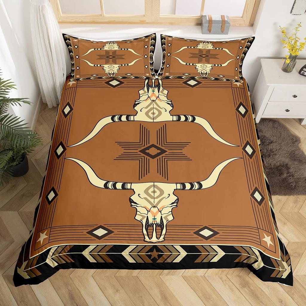 Bull Skull Bedding Set Boho Mandala Duvet Cover for Children Teens Bohemian Feather Print Comforter Cover Animal Skull Pattern