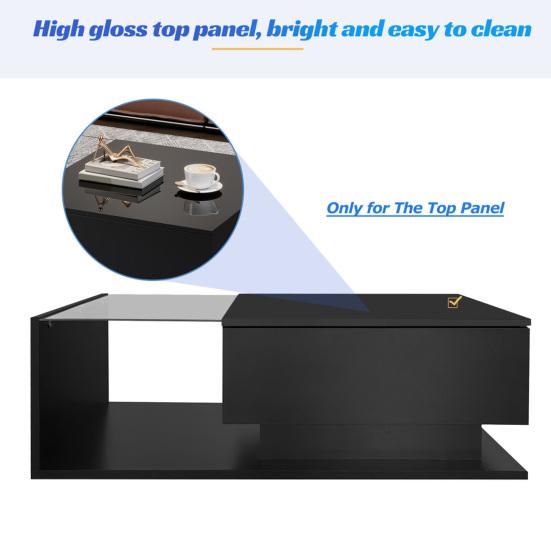 Hochglanz Schwarzer Couchtisch 100x50x32cm, mit Glasplatte und Schubladen, Kratzfest, mit 1 Schublade, LED-Licht, Modern