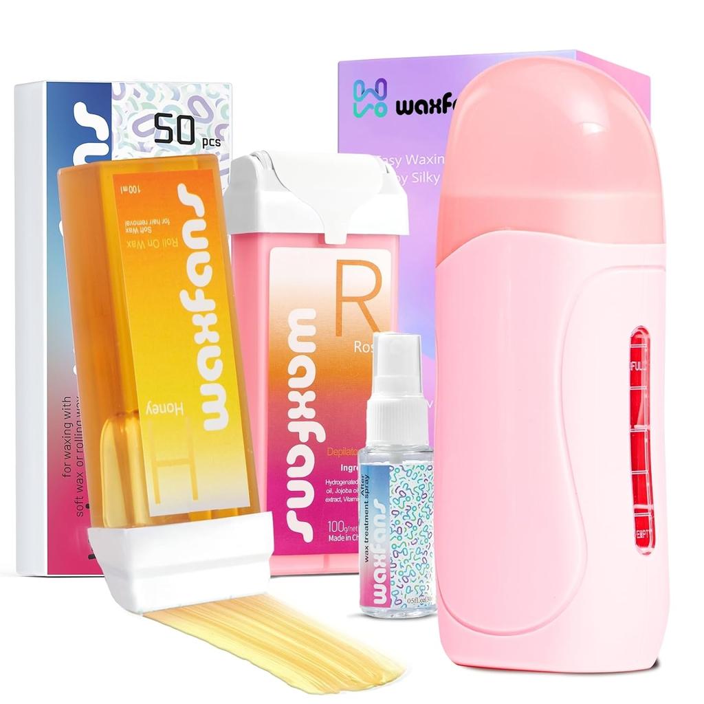 Waxing Kit for Women and Men, Wax Roller Waxing Kit for All Skin Types, Roll On Waxing Kit for Hair Removal, with Honey and Rose Wax